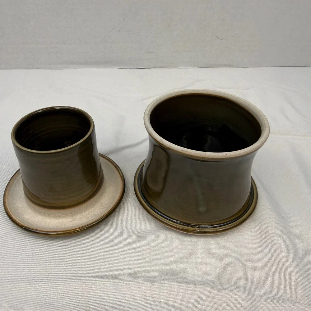Handmade Stoneware French Butter Crock Olive Green Pinecone Glazed Pottery Set